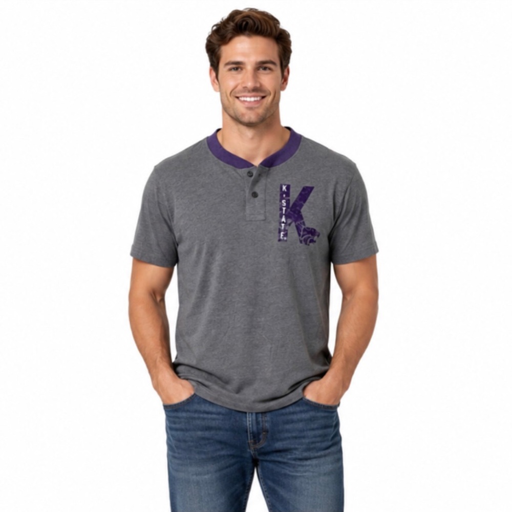 Kansas State Wildcats Men Shirt Size Small 34/36 Gray Henley Tee Distressed Logo